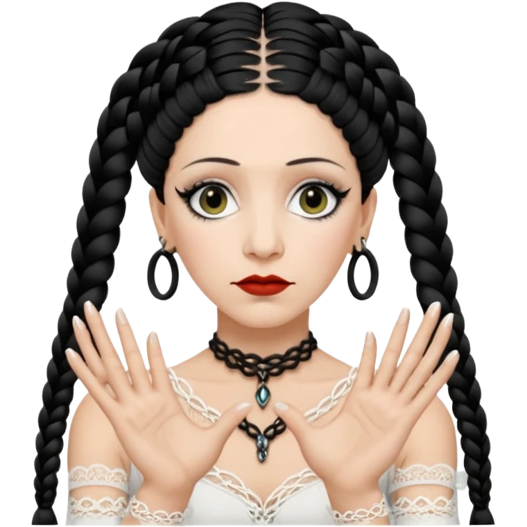 Lene Lovich as seen on the Stateless album cover with a typical symmetrical pose with her hands, lots of lace and braided hair emoji