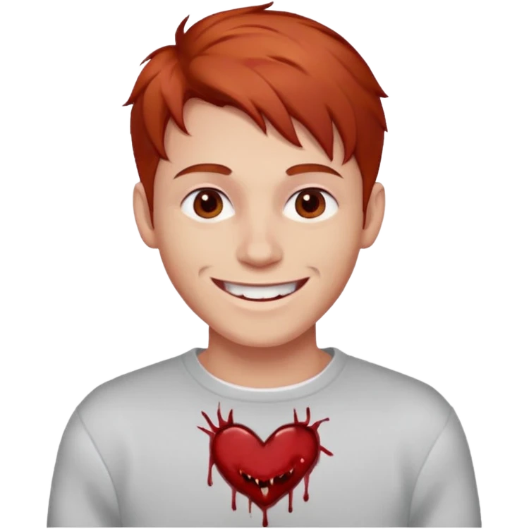 парень с красно-русыми волосами; бледная сероватая кожа; белые глаза; открытая улыбка, где на зубах кровь; одет в белый свитер emoji