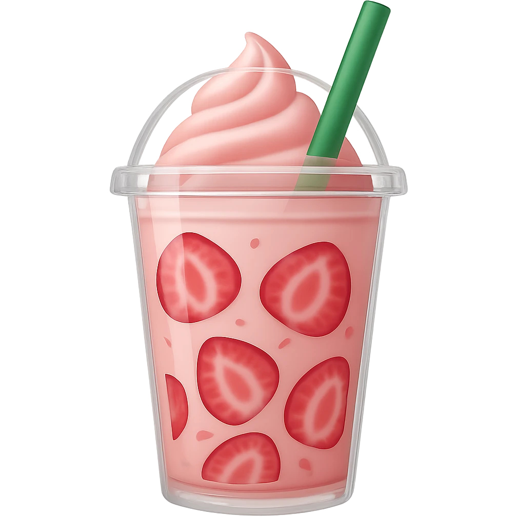 Show the strawberries inside the drink as thinly sliced pieces, keep the light pink Starbucks drink in a clear cup with green straw, in emoji style with no background. emoji