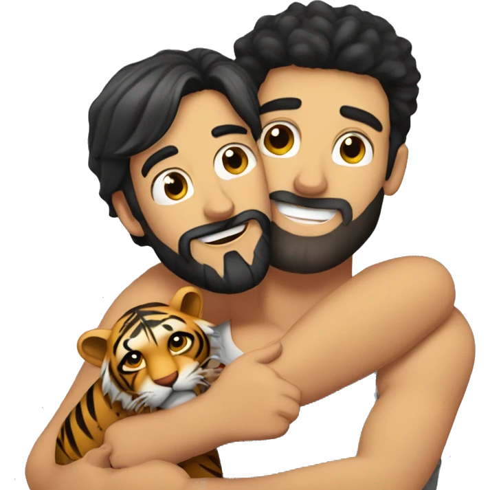 a caucasian guy with black hair and beard hugging with a tiger emoji