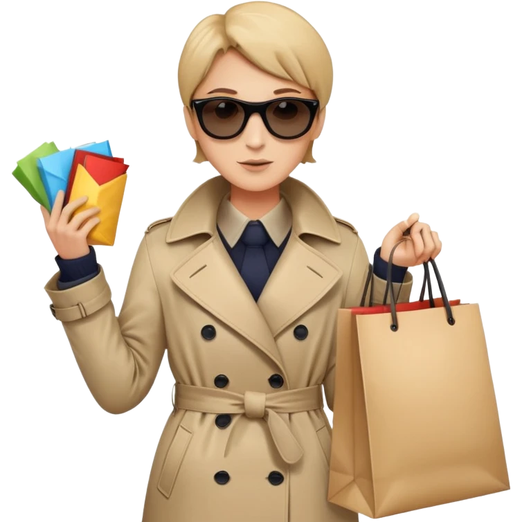 mystery shopper in trench coat, sunglasses, holding a shopping bag emoji