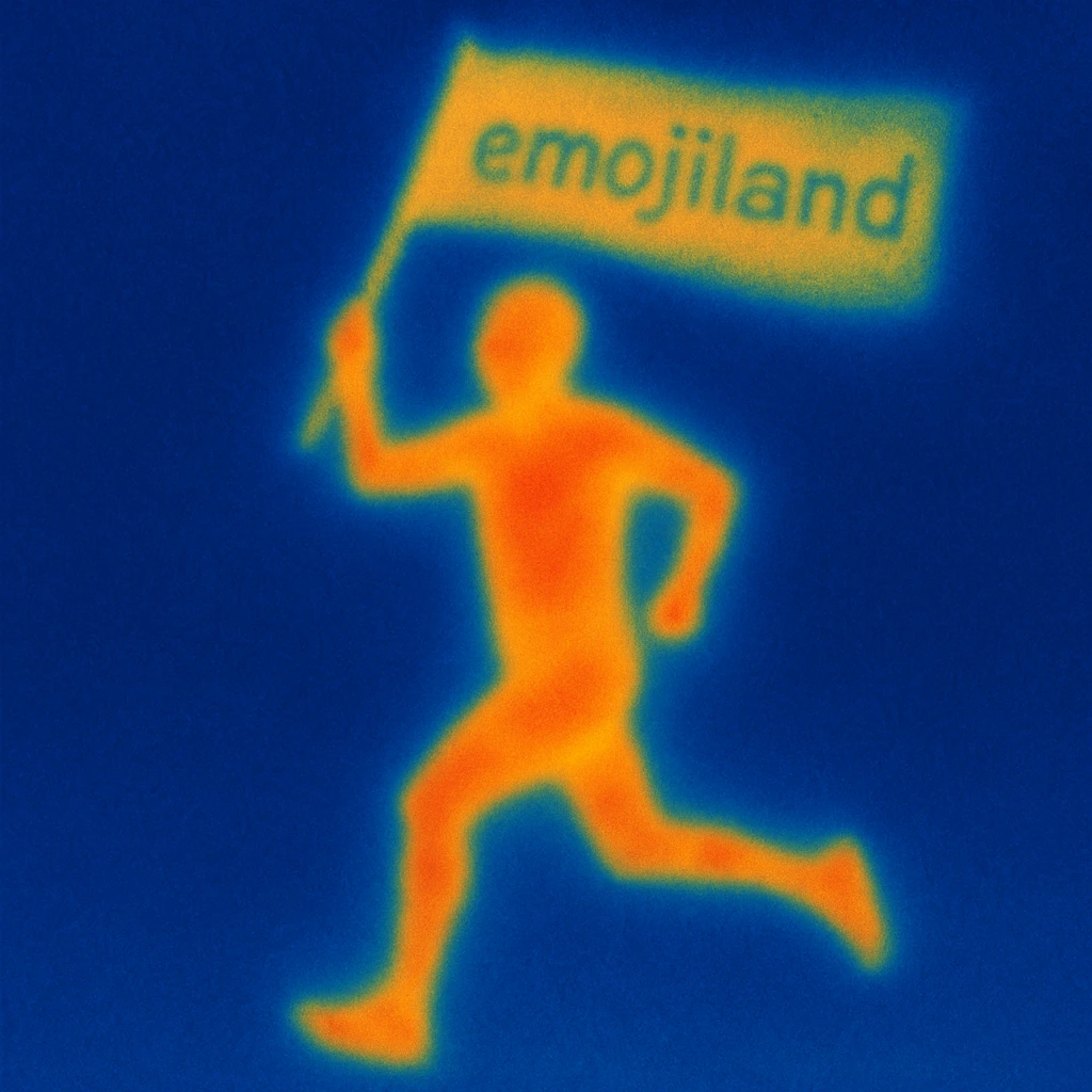 happy runner waving a flag that says 'emojiland' emoji