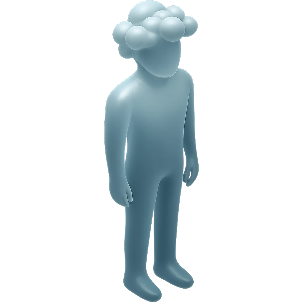 a person standing straight, made entirely of white fluffy convex clouds up to the shoulders, matte glass style emoji
