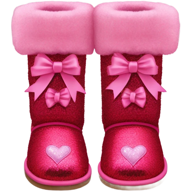 Realistic isolated pair of tall Red Ugg Fur Boots laced up with pink silk ribbon bows and hot pink and light pink sequin heart shaped patches sewn onto them. emoji