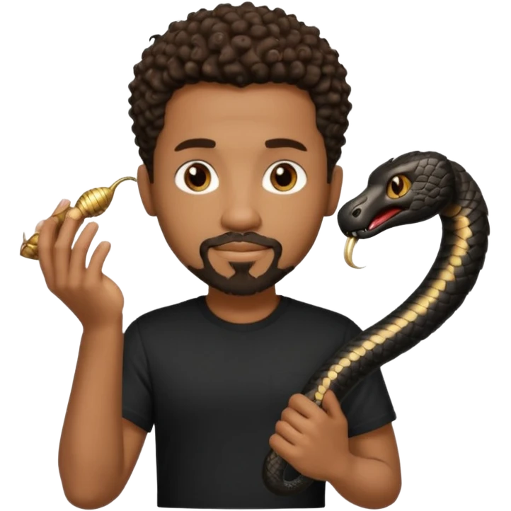 Homme noir, yeux marron avec un bouc menton, cheveux court et bouclé crépus avec un dégradé sur le côté, avec un cobra à côté , t-shirt noir  emoji