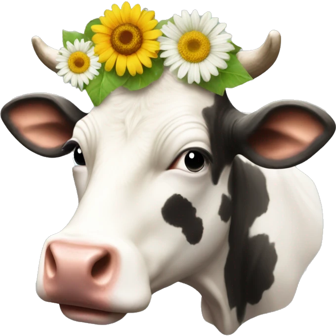 A cow with pretty flowers on head and a CD emoji