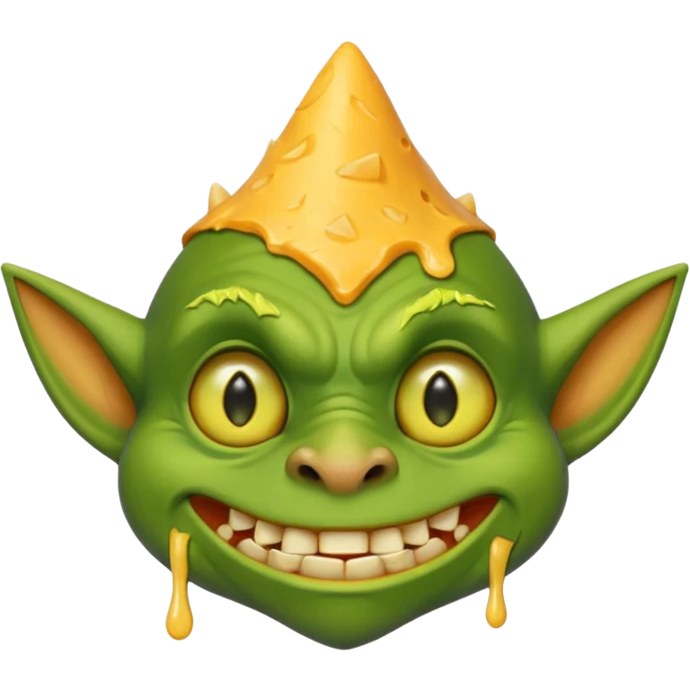 cheddar goblin, green skin, green ears, underbite, cheese dripping, yellow eyes, narrow pointy nose emoji