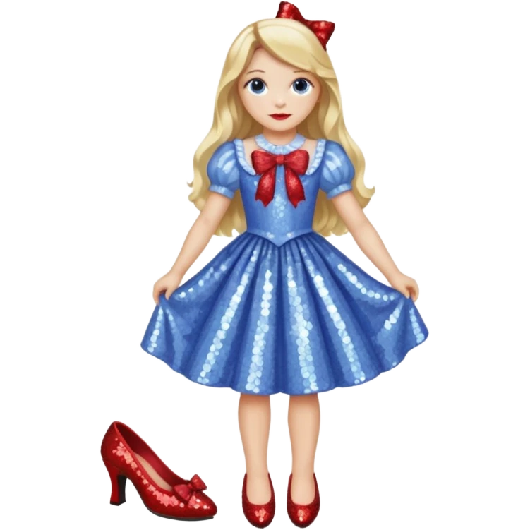Dorothy Gale from Oz with long blonde hair, periwinkle sequin outfit, red bow emoji