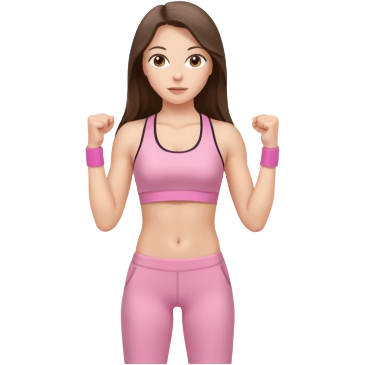white brunette girl long hair with hazel eyes in light pink workout with abs clothes standing  emoji