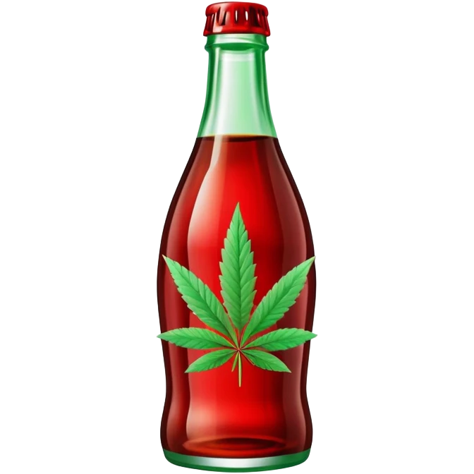 Classic Coca-Cola shaped glass bottle with curved contours, red color, with a cannabis leaf emoji
