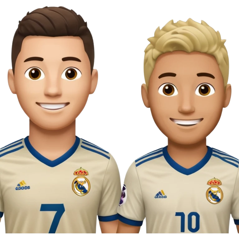 Prime noodle hair ronaldo and prime 2012 messi Smiling in one Photo and make it realistic Ronaldo wearing Number 7 With Madrid and Messi wearing number 10 with barca  emoji