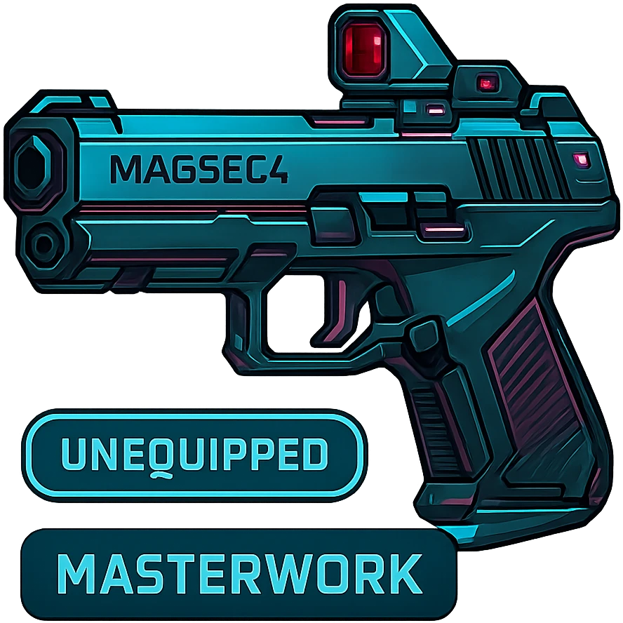 the image is the icon for a videogame  item. futuristic cyberpunk -ready to equip- it is master craftsmanship [ unequipped item ]
It is a magsec4 pistol with a mini-holo - neatly staged 3/4 profile view - orthographic horizontal perspective emoji