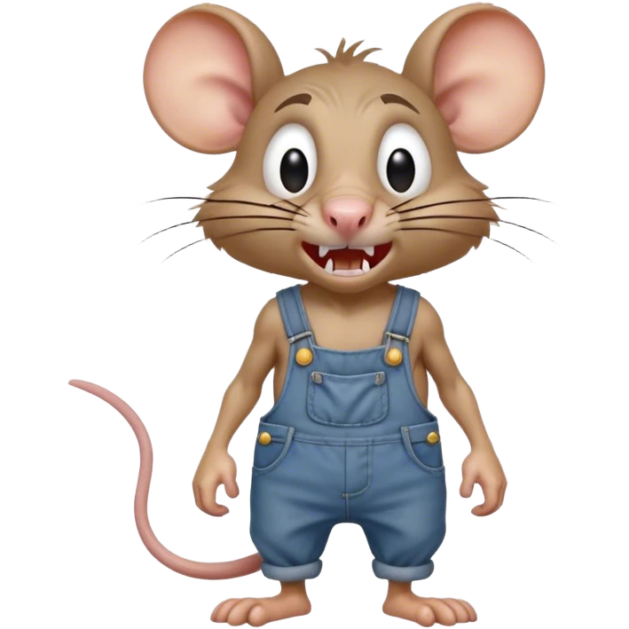 angry disheveled dizzy cartoon hillbilly rat wearing overalls no shirt. standing and talking full body. human eyes. teeth showing talking. walking talking moving arms. reacting upset emoji
