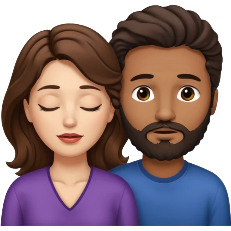 White woman (brown hair with eyes closed) and brown man with black wavy hair (has a a beard with his eyes closed too),The woman has her lips on the forehead of the man. emoji