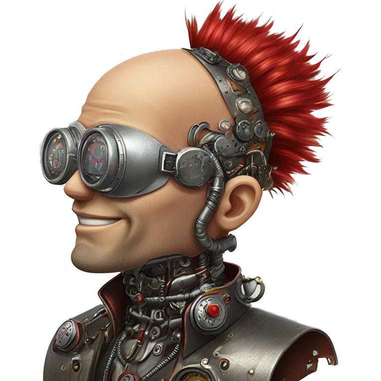 Bald cyborg head with red Mohawk, red beard. silver steampunk monocle goggles a smile and circuits emoji