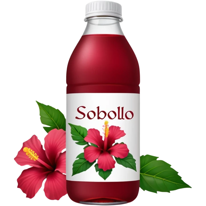 sobolo emoji (Ghanaian frink) in a plastic bottle and make the juice dark red  but a hibiscus on it and  write sobolo on it emoji