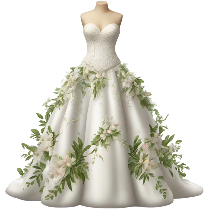 Hyper Realistic ornate 
Botanical style Wedding dress displays emoji