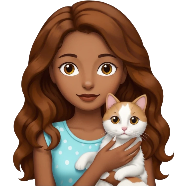 Chica morena con el pelo largo ondulado moreno con un gato en brazos blanco con manchas negras emoji