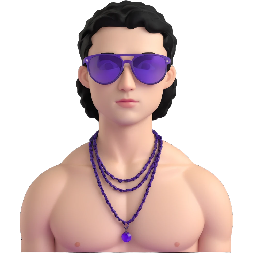 shirtless male athlete with white skin and moderately curly black hair on top with shaved sides, wearing purple sunglasses with very dark heavily tinted black lenses, and a simple plain black chain necklace, no earrings or other jewelry emoji