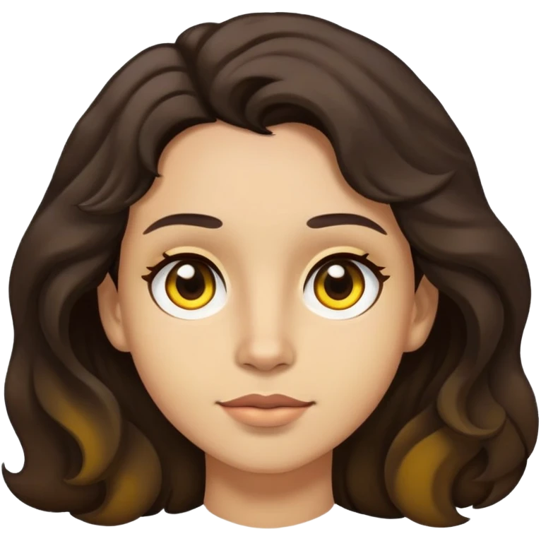 piel blanca con subtono amarillo, cabello castaño oscuro ondulado, ojos café, lunar en mejilla izquierda  emoji