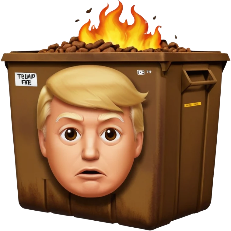 Donald Trump combined with a poop emoji, with a dumpster on fire in the background emoji