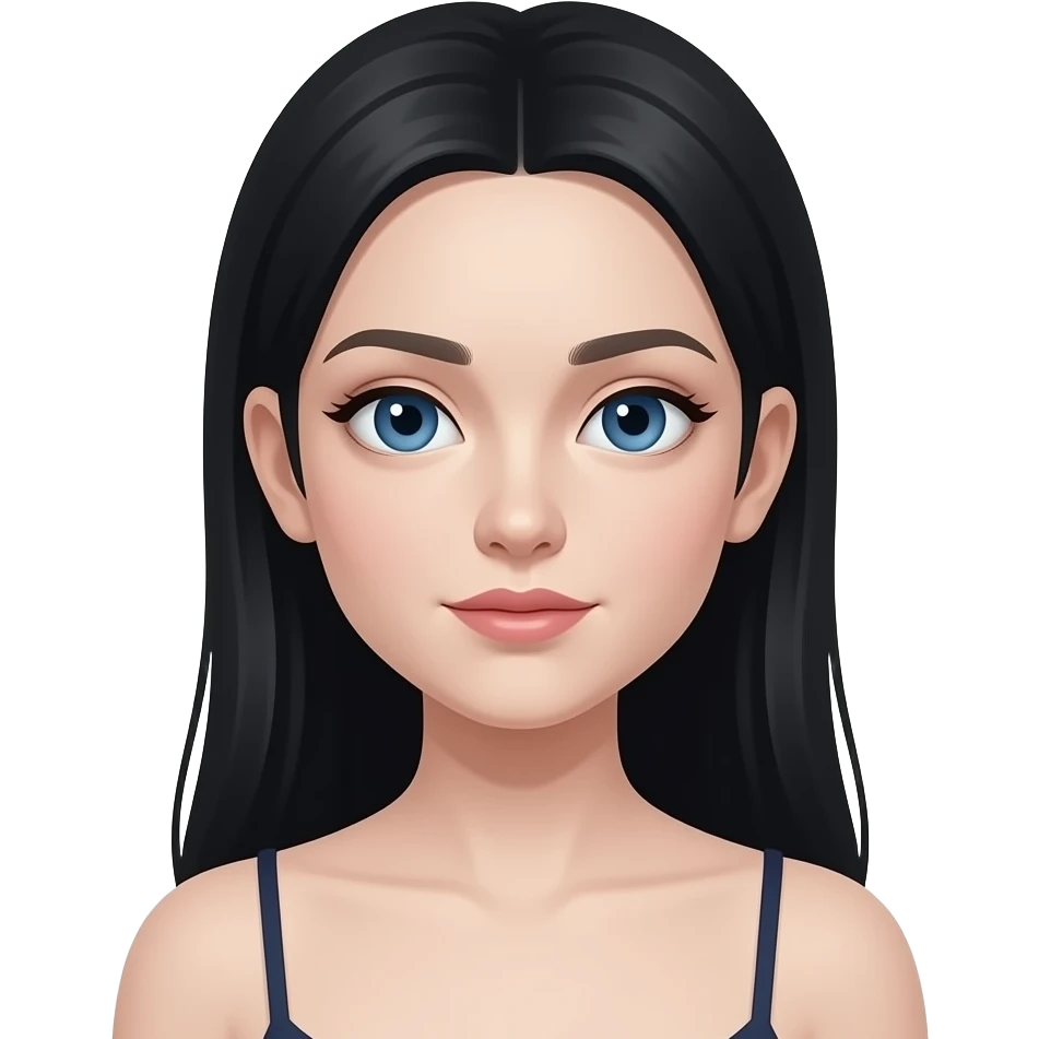 fille yeux bleus très longs cheveux noirs derrière les deux oreilles et peau blanche très très pâle porte une camisole emoji