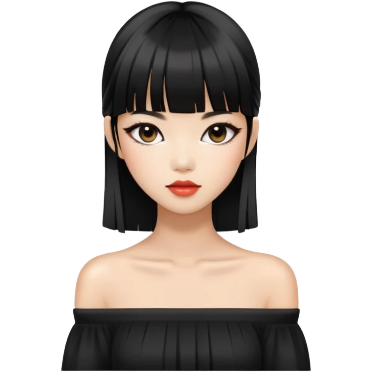 chic woman with Asian skin, black long straight bangs, wearing a black off-shoulder top, and makeup emoji