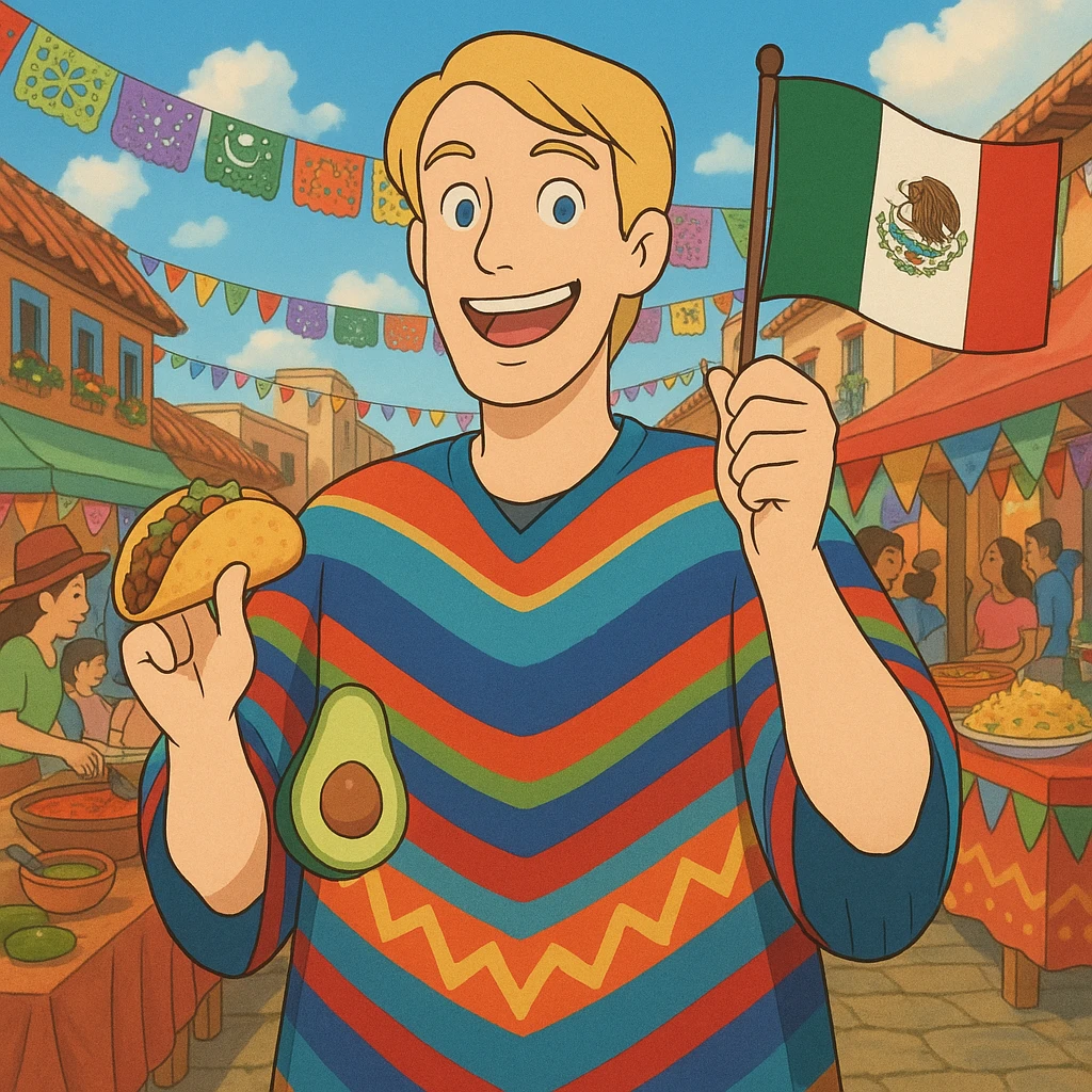 cartoon of a tall blonde American in a colorful poncho, smiling, holding a taco and avocado, waving a Mexico flag, festive street party background with food and decorations emoji