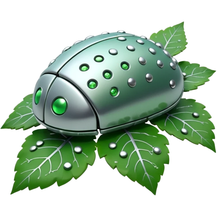 3D render of Nanobot Cloud, futuristic cyborg aesthetic, fusion of organic skin and chrome metal, swarm of tiny silver dots eating a green leaf, isolated on white background --v 6.0. emoji