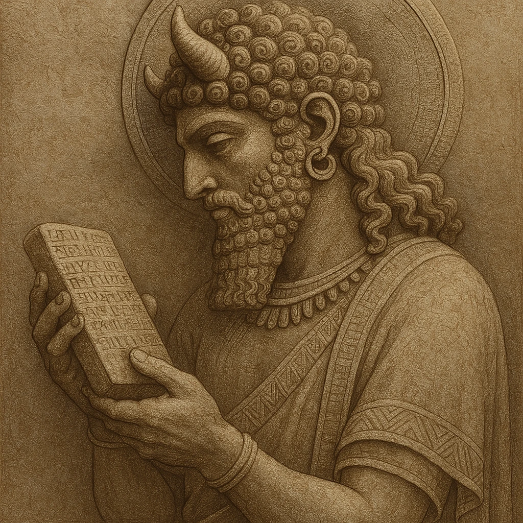 A Sumerian god with curly hair reading a clay tablet, ancient Mesopotamian attire, divine presence, intricate details, neutral background emoji