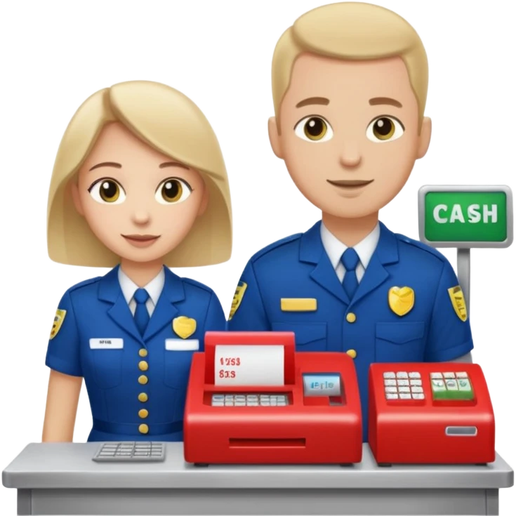 Supermarket employee at a cash register, full body, serving a man emoji