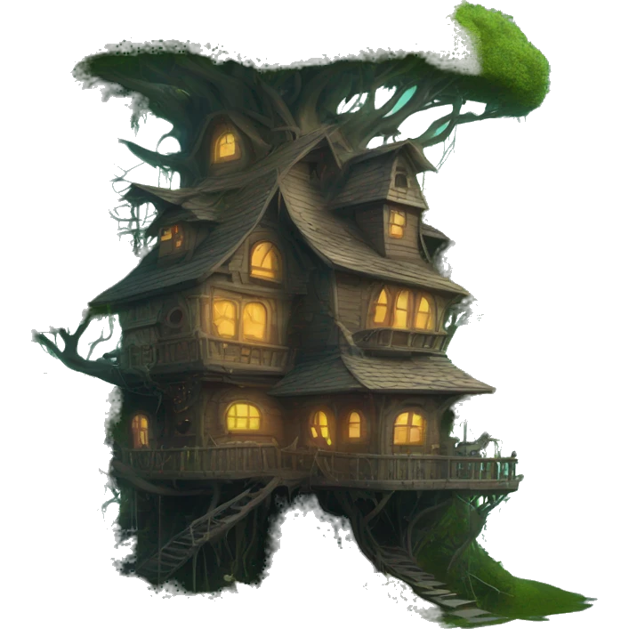 Fantasy haunted tree house in an overgrown cottage with a futuristic twist  emoji