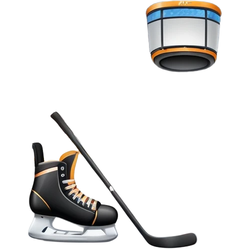 Please, make An icon featuring The background shows a packed stadium with cheering fans, bright arena lights, and an icy rink and close-up shots of key hockey equipment: a hockey stick, puck, and skates. Transparent background highlights the essentials of the game and the thrill of the sport. emoji