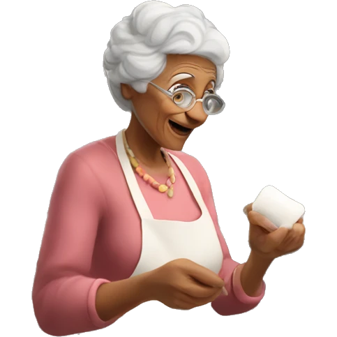 Italian woman looking grandma holding a marshmallow cooking marshmallows in kitchen emoji