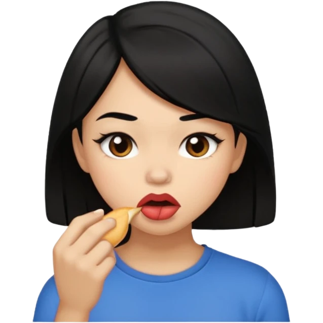 Brown light skin girl straight black hair biting her down lips and blushing emoji