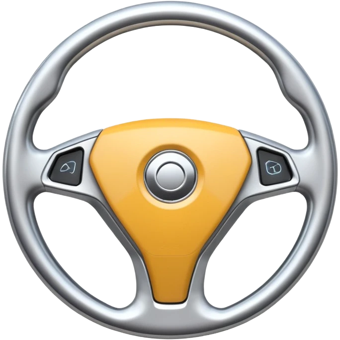 A futuristic steering wheel emoji made of silver chrome, minimal geometric design, smooth metallic surface, soft reflections, iOS emoji style, centered, clean white background emoji