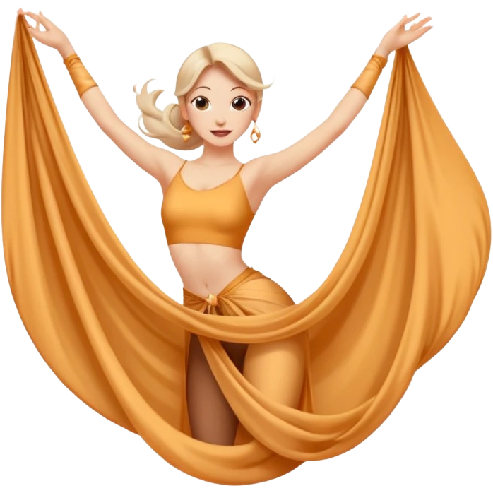 Emoji estilo ilustración de una mujer practicando danza aérea en tela, colgada en telas de seda, expresión feliz, estilo emoji moderno, colores suaves, fondo simple emoji