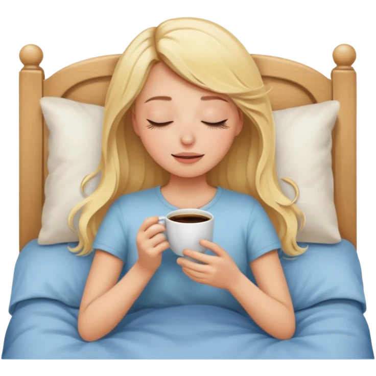 Blonde girl who closes her eyes and smells coffe her bed emoji