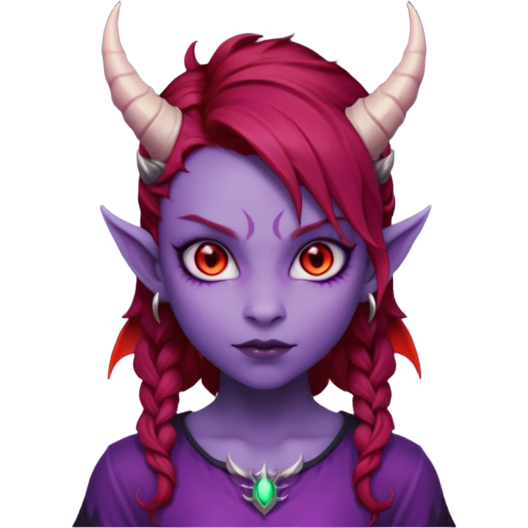Demon Girl Purple Skin Dragon Horns Black Eyes Red Glowing Pupils Auburn Haired Red Shirt  emoji