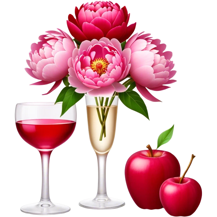 An elegant glass flacon in Champagne Pink glows softly next to vibrant Candy Apple Red peonies. The scene captures a perfect blend of sophistication and bold floral beauty." emoji