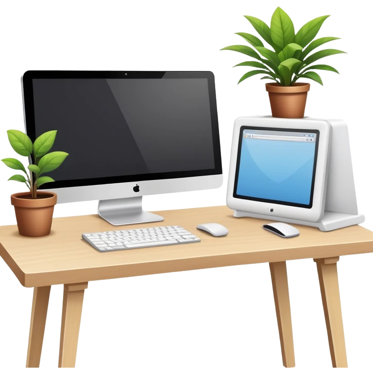 Clean and organized workspace desk with a computer monitor and a small potted plant, minimal clutter, organized office supplies emoji