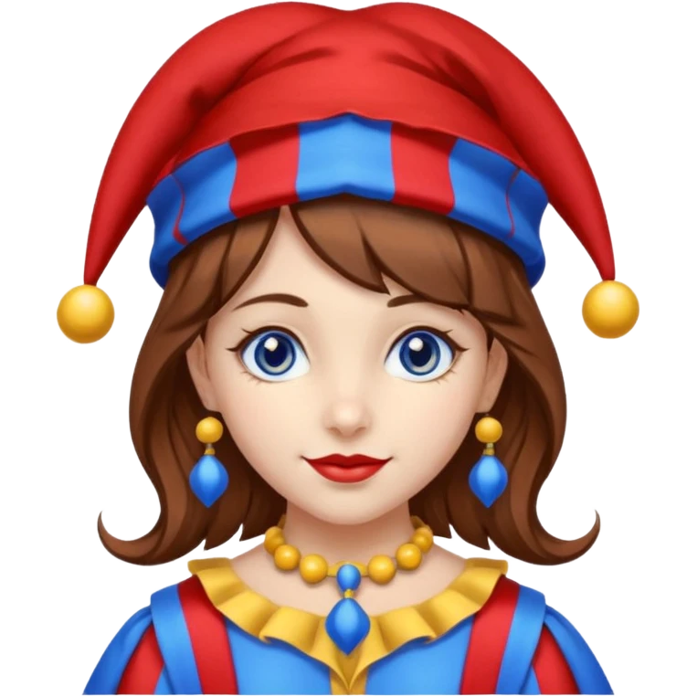 a girl A classic two-armed jester's hat with red and blue stripes, a yellow brim, and small yellow bells on the tips. brown hair blue and red eye's

 emoji