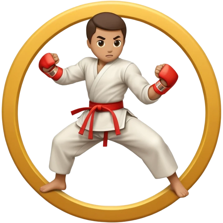 An emblem-style emoji symbolizing striking martial arts. The design features a stylized fighter in a dynamic stance, delivering a powerful punch, surrounded by a circular border with traditional elements like fists and combat symbols. Bold, clean lines with contrasting colors. emoji