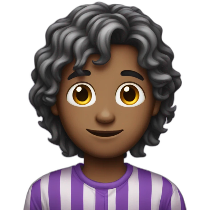 long hair boy who wears a long-sleeved purple striped shirt with a moon print emoji
