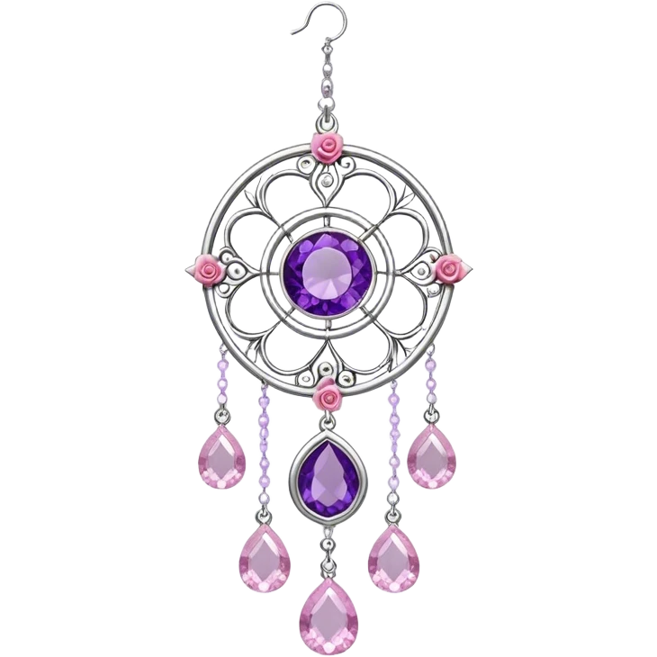Epic Hanging silver suncatcher, threads with shiny sparkly amethyst and rose-quartz gemstones,  emoji