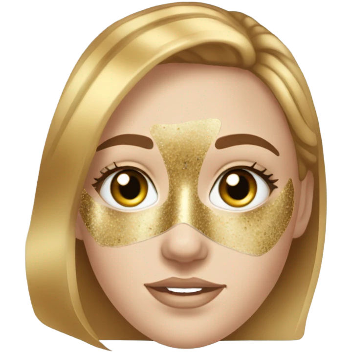 White girl with freackles and BROWN hair, and blue eyes using Gold gel mask under her eyes emoji