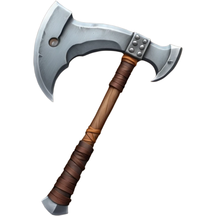 barbarian axe object icon, huge double-bladed axe, rough metal, wooden handle, leather wraps, fantasy style, 3D cartoon, mobile game icon style, centered, clean background, soft shadow, no text, no watermark
 emoji