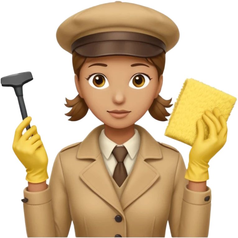 a Detective man with beige hat, a beige coat is interviewing the cleaning Lady with Brown hair, high ponytail and yellow cleaning gloves emoji