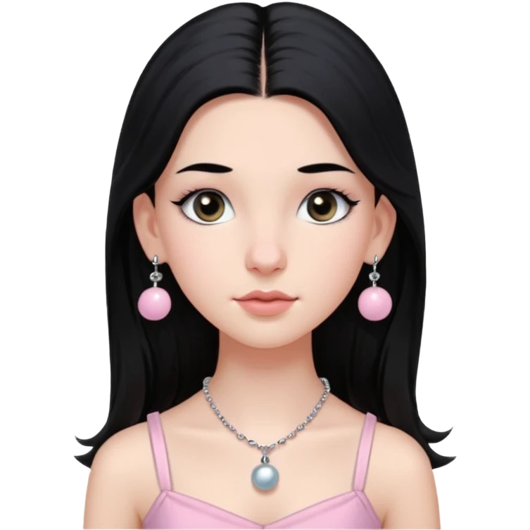Menina branca ,cabelos longos cor preta , olhos cor preta puxados para cima. Cílios longos, lábios grossos ,nariz pequeno.vestido rosa claro de alça. Colar e brinco bolinha prata pequeno. Jovem de 16 anos  emoji