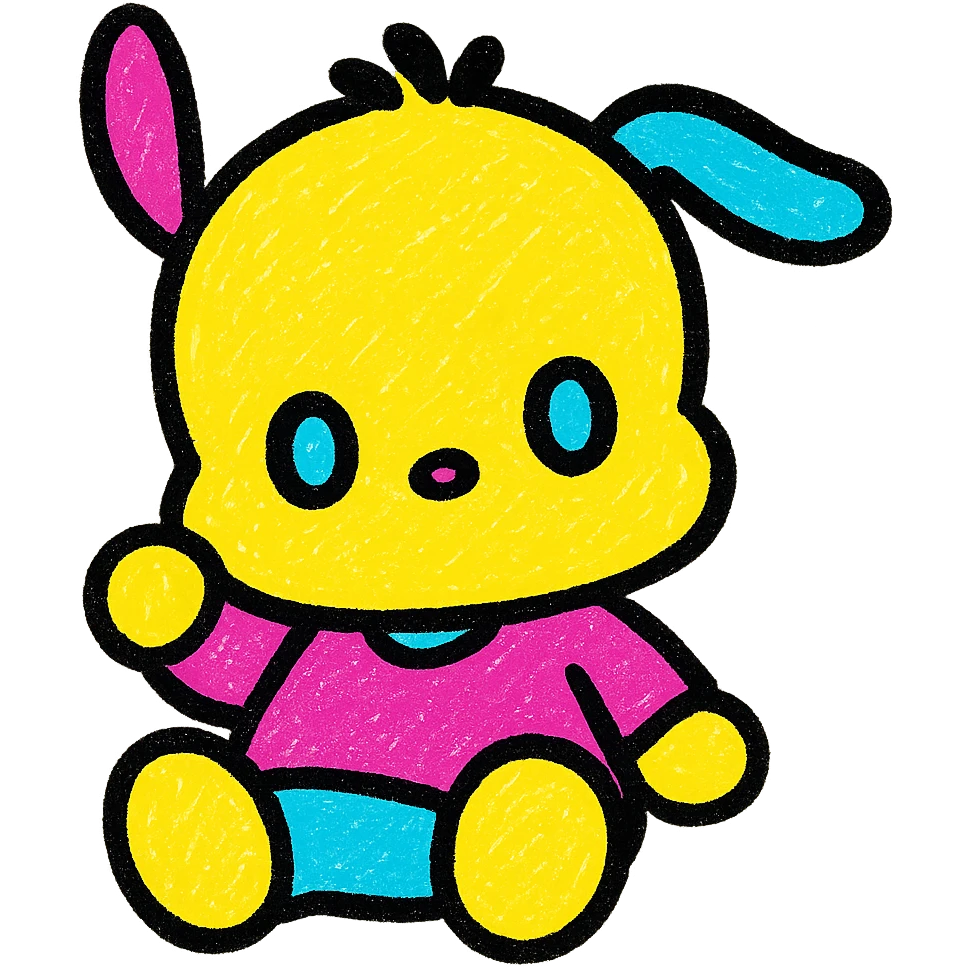 Sanrio Pochacco as a cute Popmart doll emoji, big round eyes, plushy texture, small body, playful pose, pastel colors, adorable expression emoji